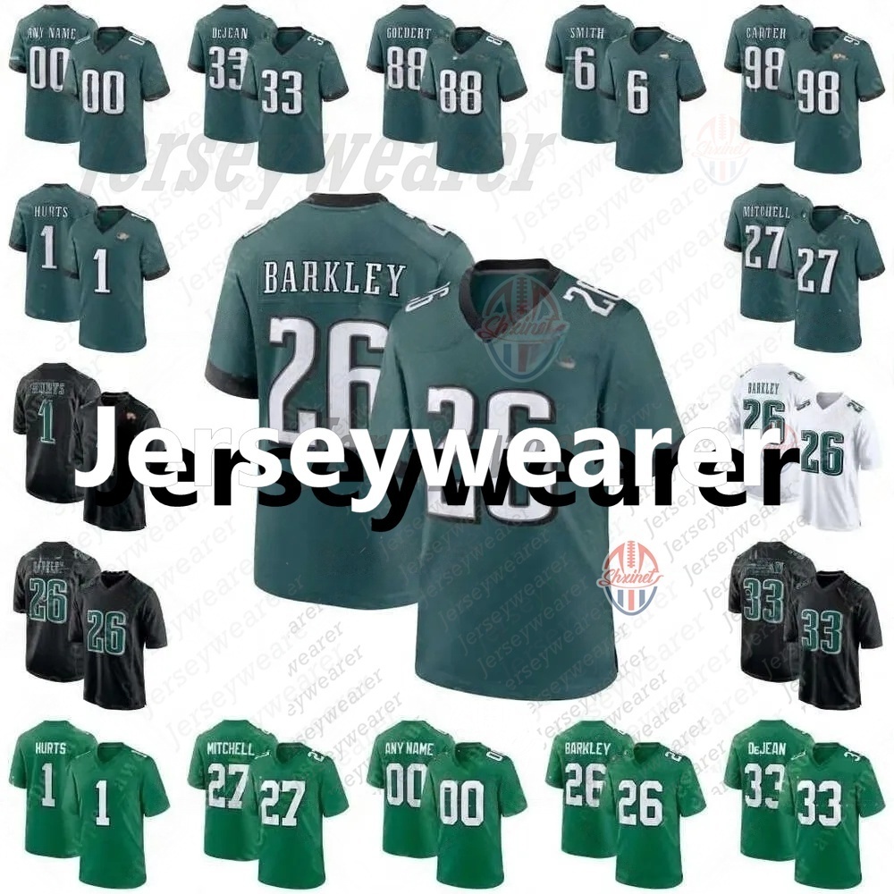 2025 Super Bowl LIX Football Jersey 26 Saquon Barkley 11 Brown 1 Jalen Hurts 6 DeVonta Smith 33 Cooper DeJean 88 Goedert 55 Brandon Graham 98 Carter 68 Mailata