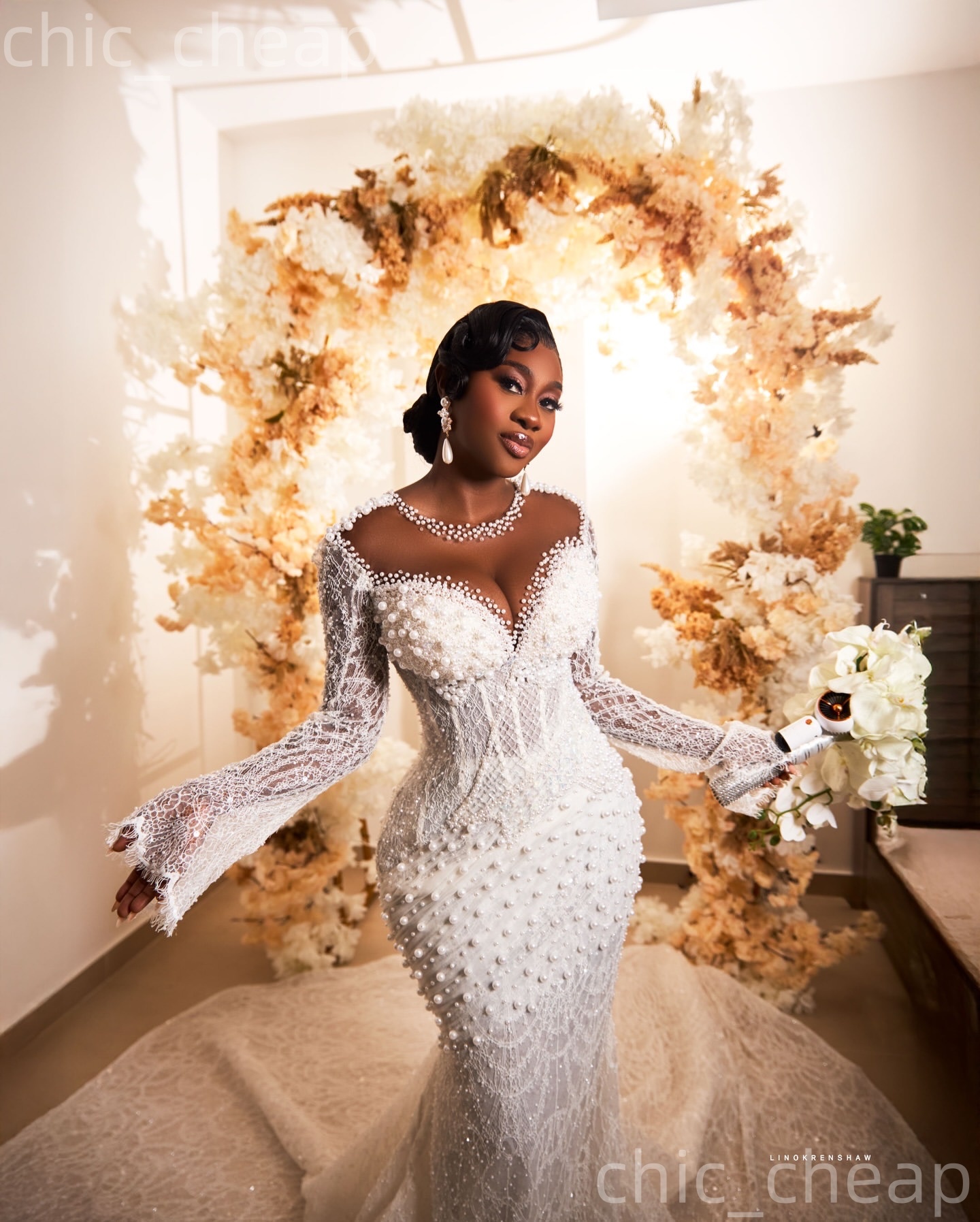 African Aso Ebi 2026 Ivory Mermaid Wedding Dress Sheer Neck Long Sleeves Sequined Lace Pearls Elegant Bridal Gowns Dresses ZJ2276