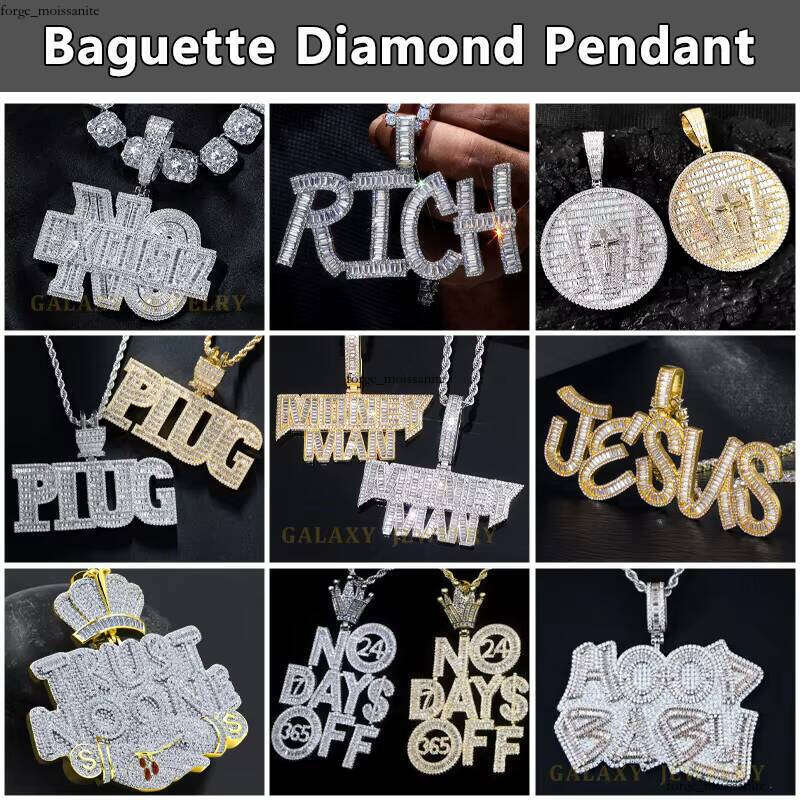 Hip Hop Custom Initial Letter Design 925 Silver Name Iced Out VVS Moissanite Pendant Men Baguette Necklace