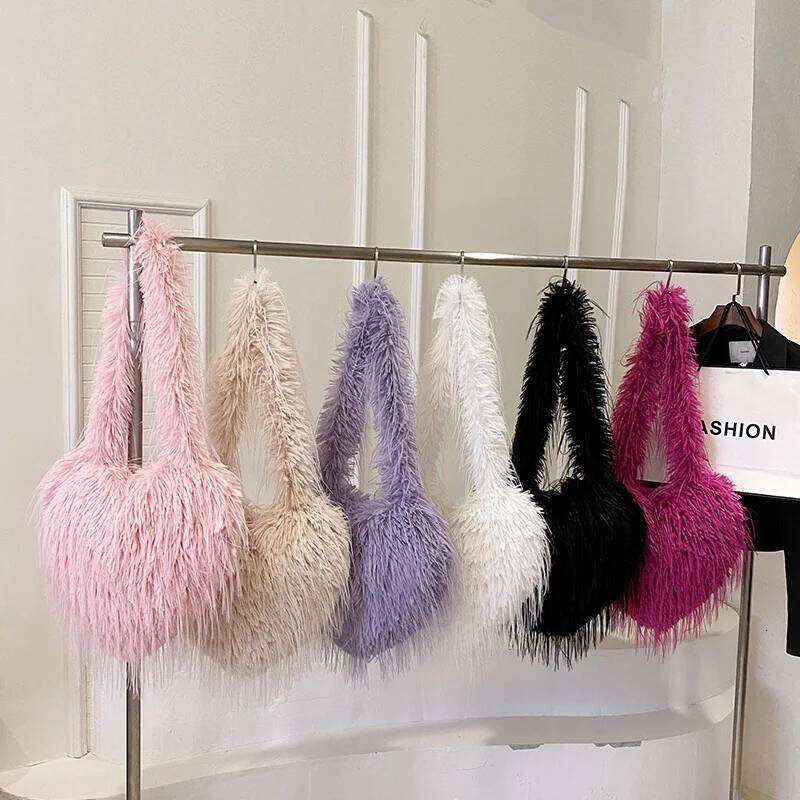 Ins Style Oversized Heart Bag - Faux Raccoon Fur Fluffy Shoulder Bag, 2024 Fall Winter Fashion Must-Have Crossbody Purse XJ260109