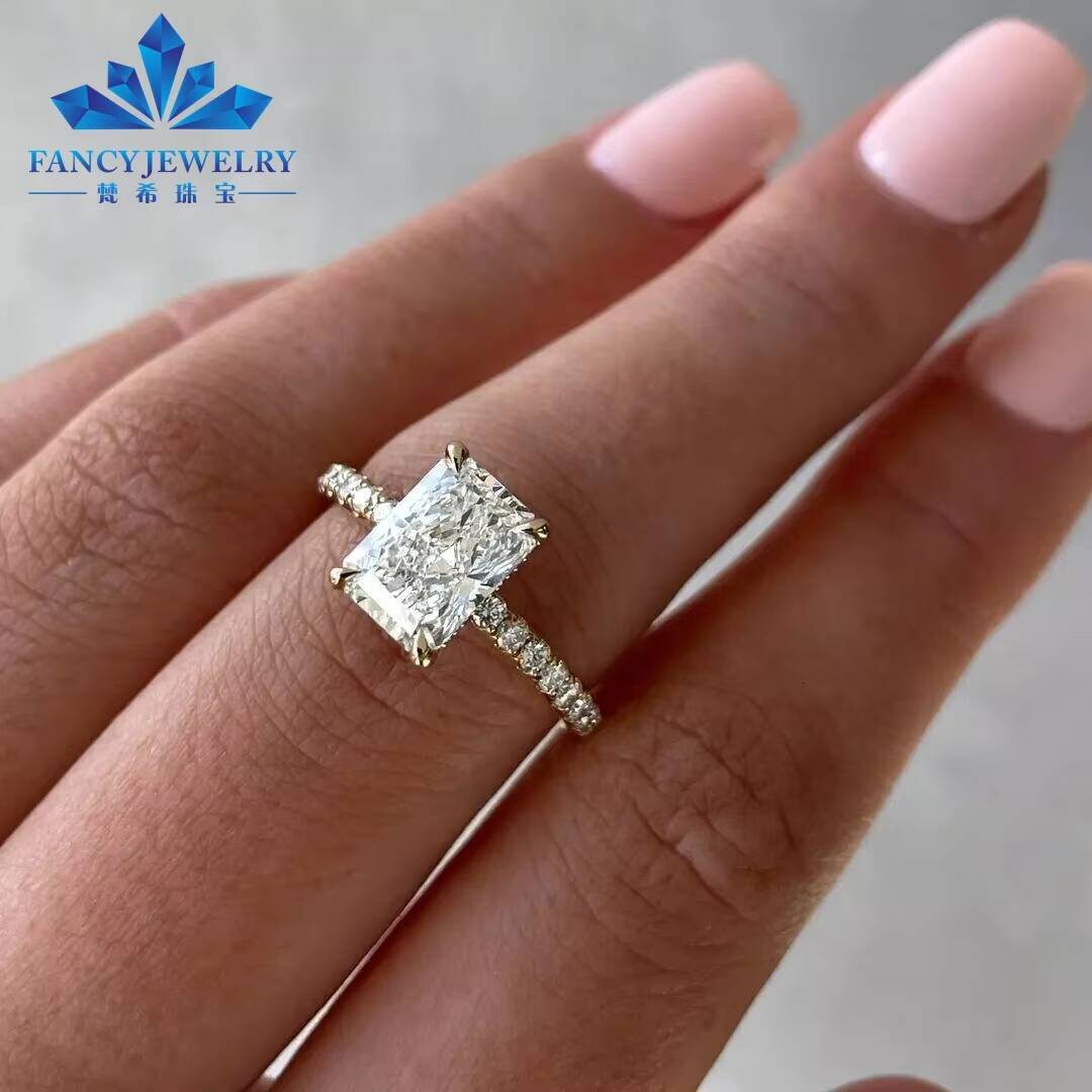 2025 Factory Wholesale 14K White Gold Engagement and Wedding Ring 3CT Radiant Cut Moissanite 18K Four Claw Prong Diamond Rings