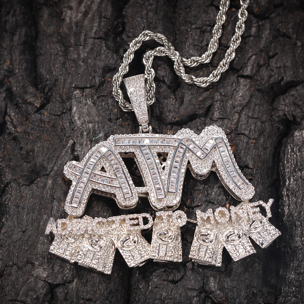 Charm ATM Dollar Letters Pendants Necklace 18K Gold Plated Men T Zircon Rap Jewelry