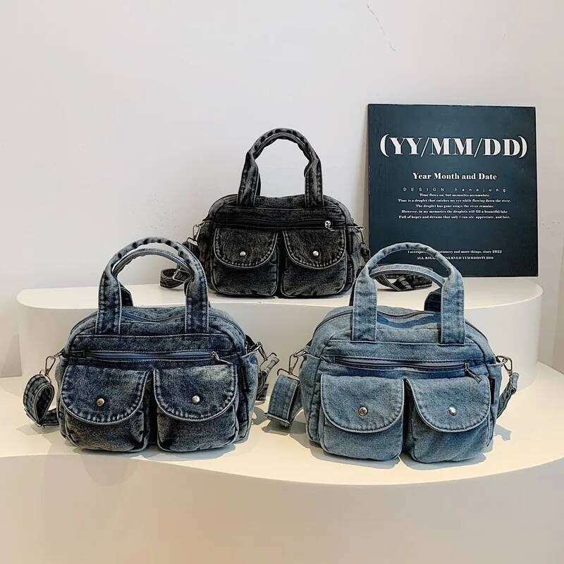 Denim Tote Vintage Crossbody Shoulder Casual Leather Handle Shopping Bag for Women Fashion Messenger Purse Gift XJ260109