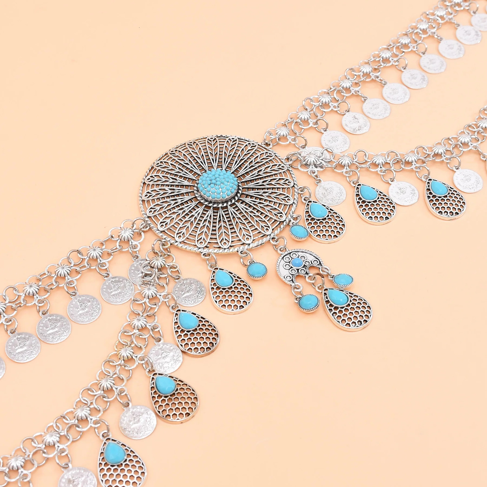 Vintage Silver Coin Tassel Waterdrop Pendant Waist Belly Chains Arab Gypsy Ethnic Tribe Belt Turquoise Beads Jewelry Accessory 260107
