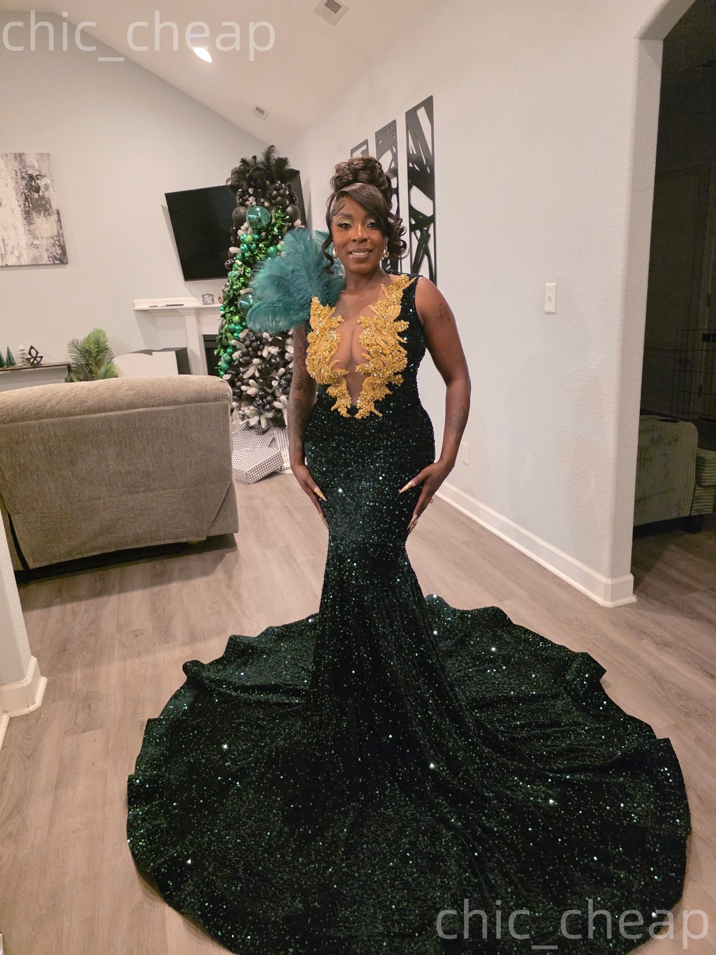 2026 Aso Ebi Dark Green Mermaid Prom Dresses Feather Crystals Sequined Evening Formal Party Second Birthday Engagement Reception Gowns Dress For Speci