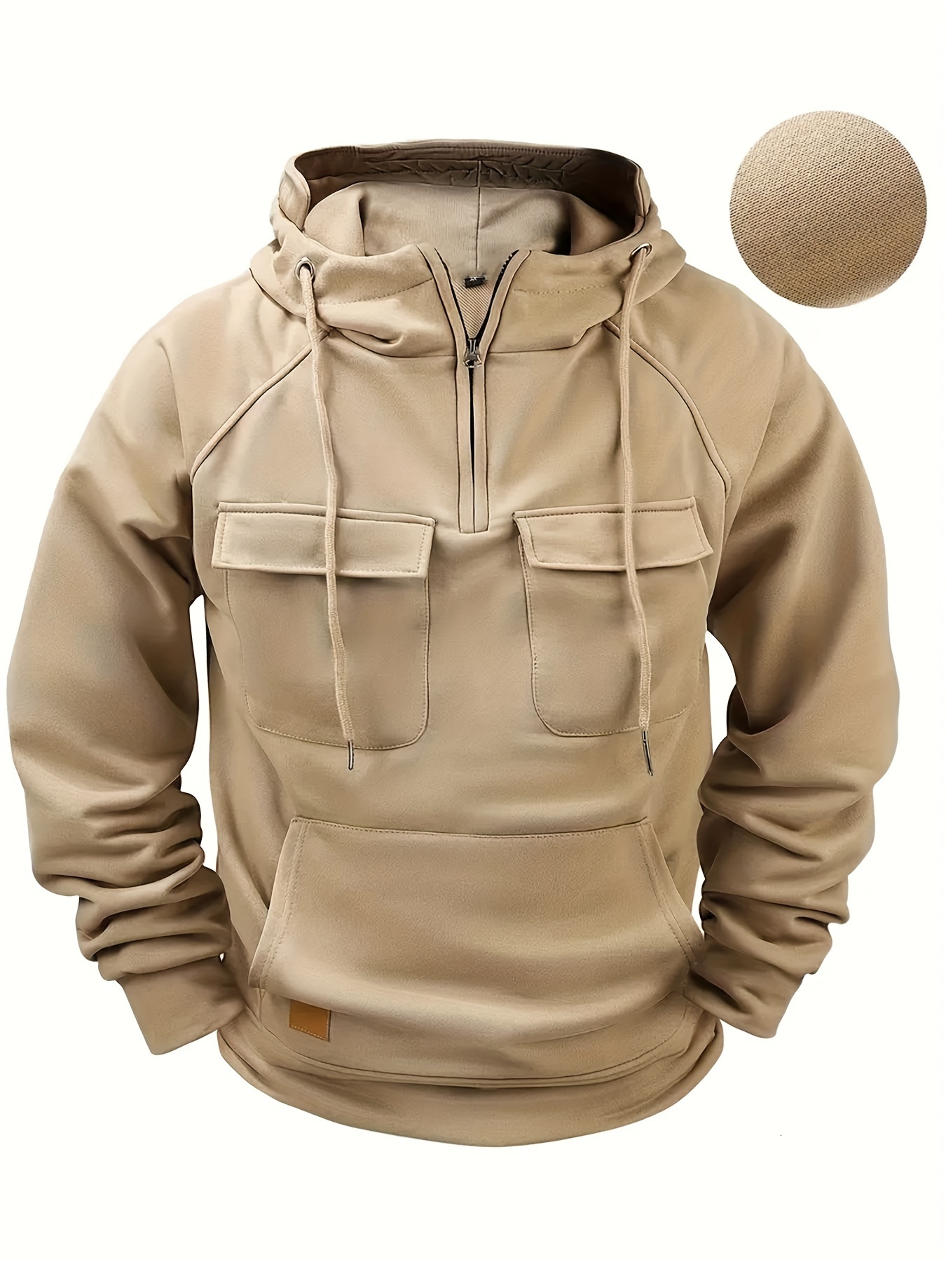 Men's Multi-Pocket Half-Zip Hoodie - Casual Utility Style Drawstring Hooded Sweatshirt