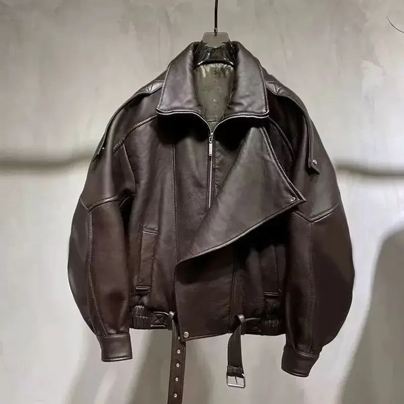 Womens Oversize Lamb Skin Leather Jacket Loose Motorcycle Style Early Autumn Outerwear Simple n High End 251225 - view 3