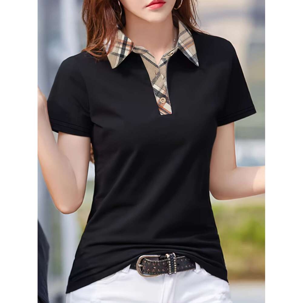 Long sleeved T-shirt Women's Spring/Summer New High end Fashion British Polo Collar Plaid Casual Top Women's short sleeved men's polo s