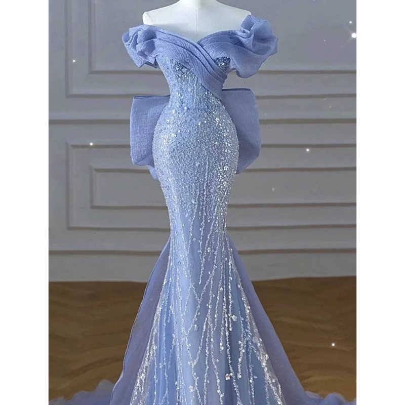 Off-Shoulder Blue Evening Dress High-End Light Luxury Niche Mermaid Sequin Annual Meeting Host Elegant Tail Sound L260109