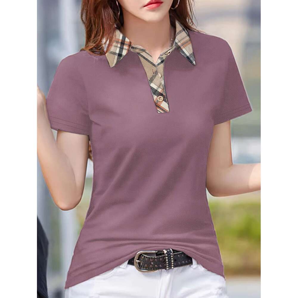Long sleeved T-shirt Women's Spring/Summer New High end Fashion British Polo Collar Plaid Casual Top Women's short sleeved men's polo s