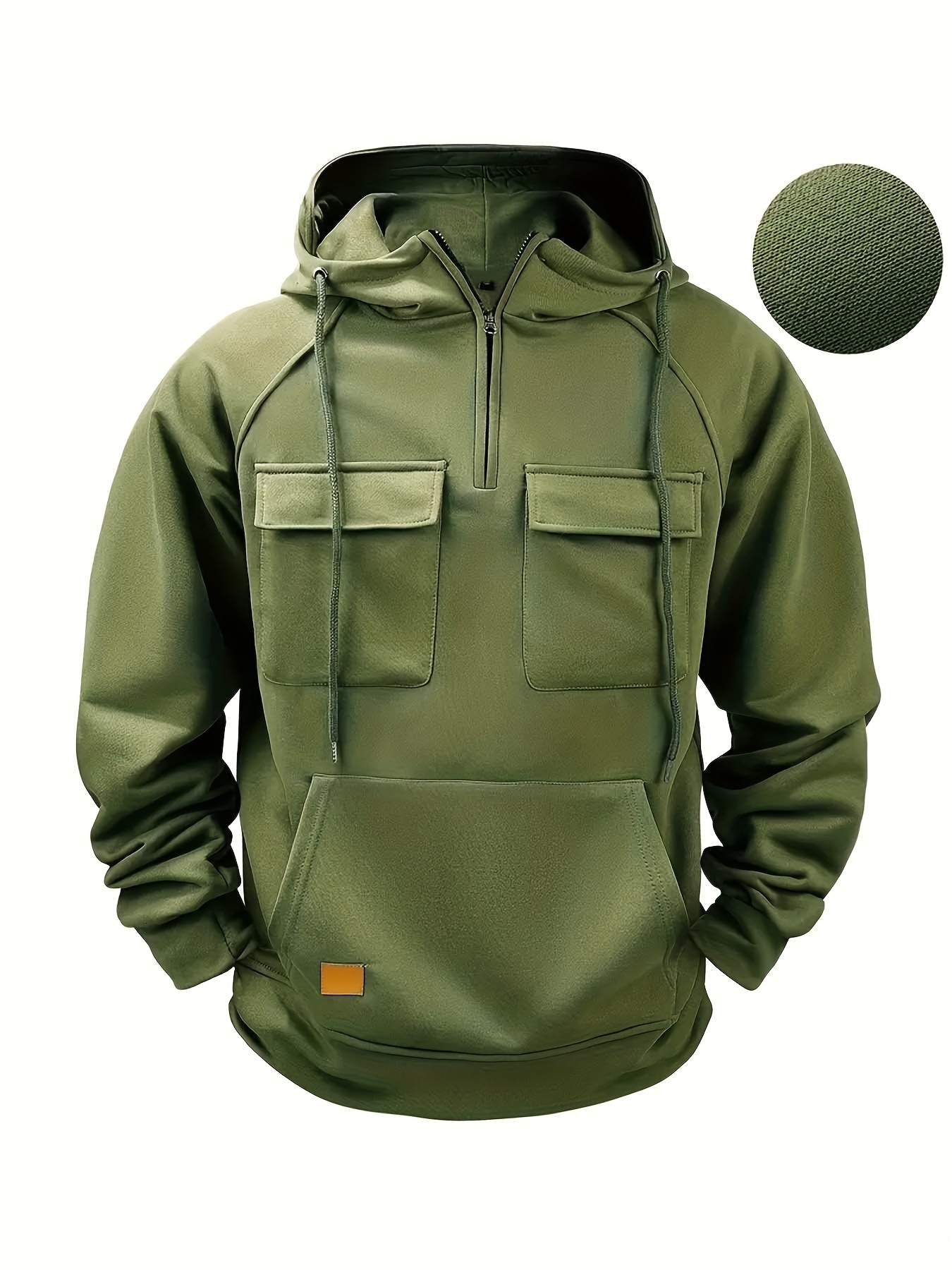Men's Multi-Pocket Half-Zip Hoodie - Casual Utility Style Drawstring Hooded Sweatshirt