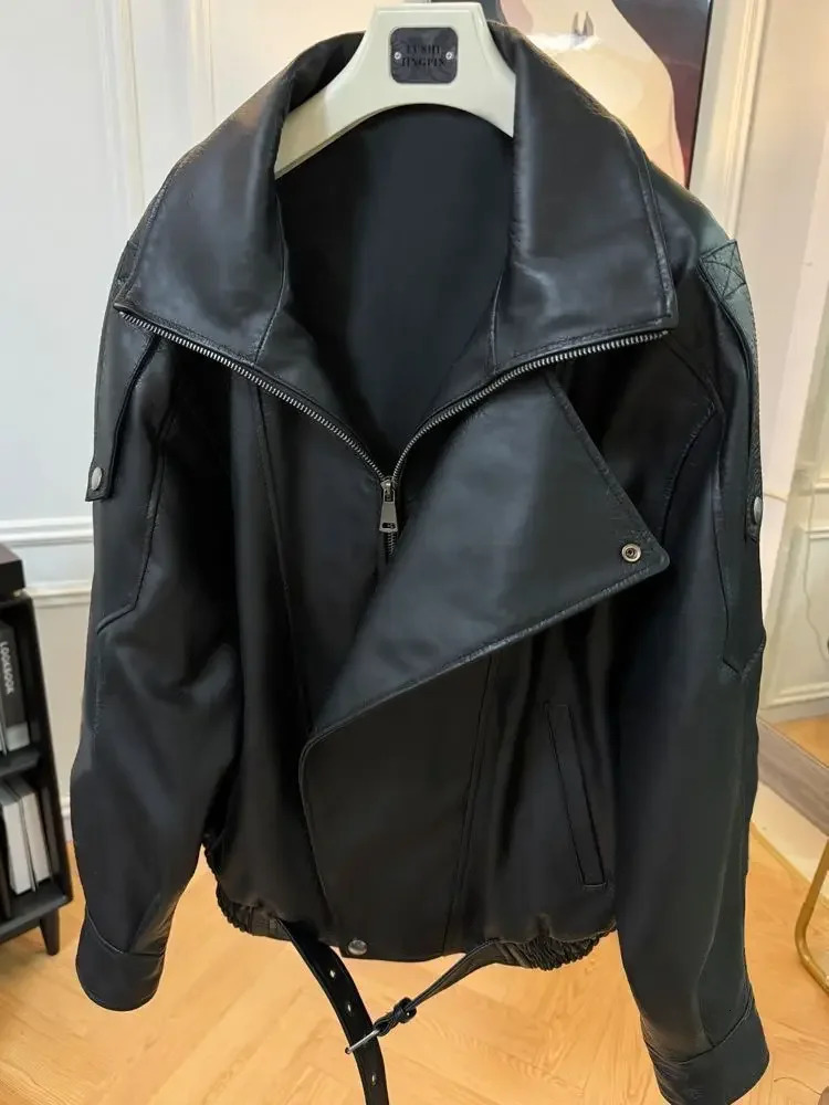 Womens Oversize Lamb Skin Leather Jacket Loose Motorcycle Style Early Autumn Outerwear Simple n High End 251225 - view 6
