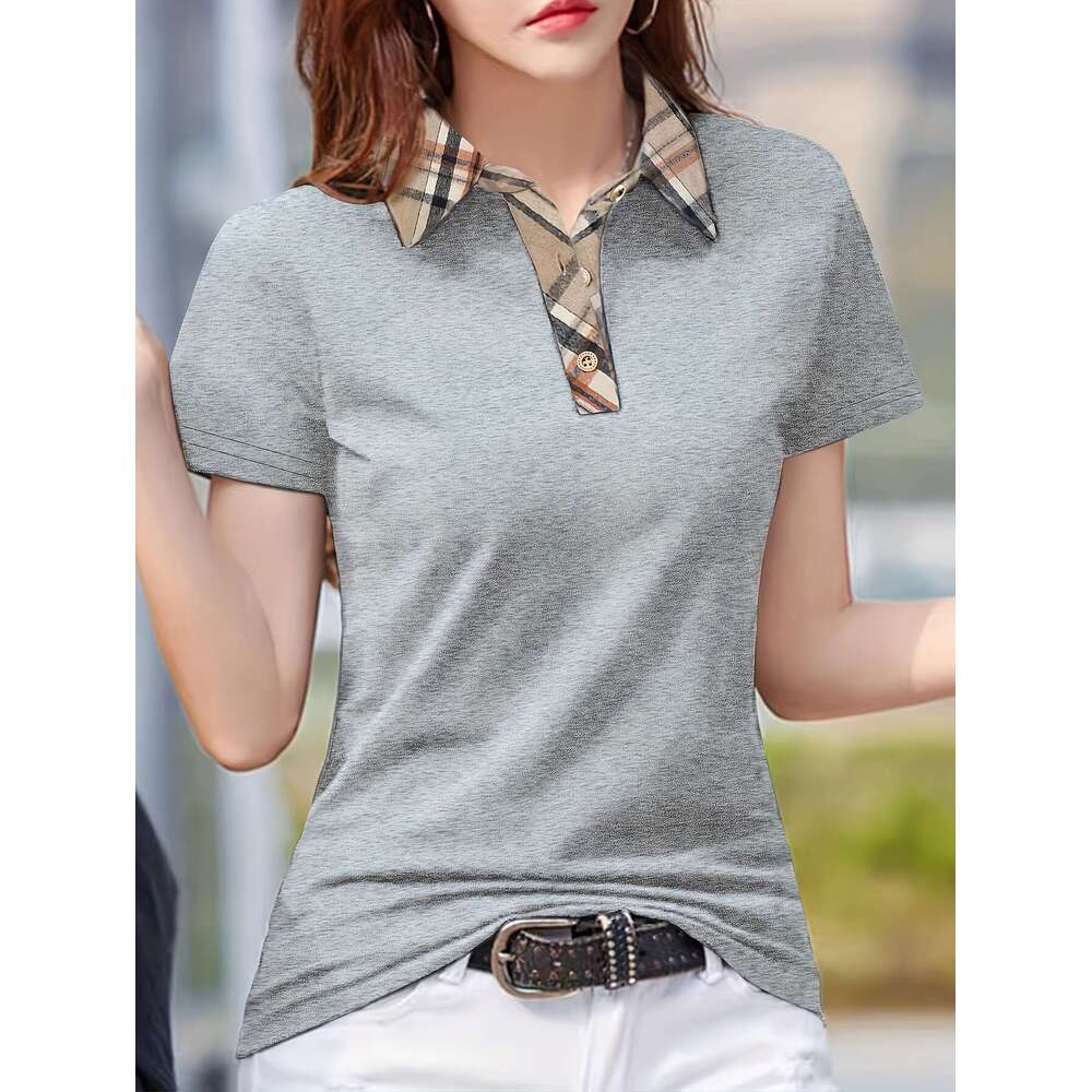 Long sleeved T-shirt Women's Spring/Summer New High end Fashion British Polo Collar Plaid Casual Top Women's short sleeved men's polo s