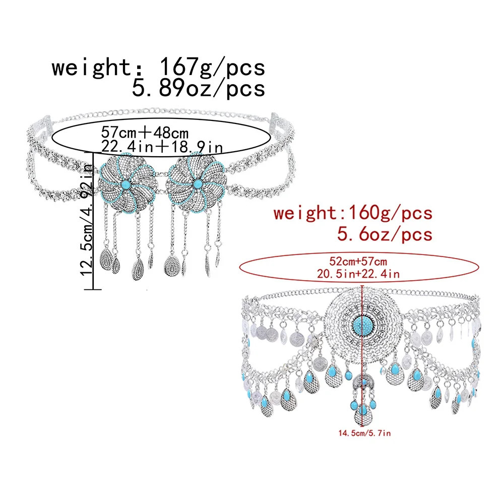 Vintage Silver Coin Tassel Waterdrop Pendant Waist Belly Chains Arab Gypsy Ethnic Tribe Belt Turquoise Beads Jewelry Accessory 260107