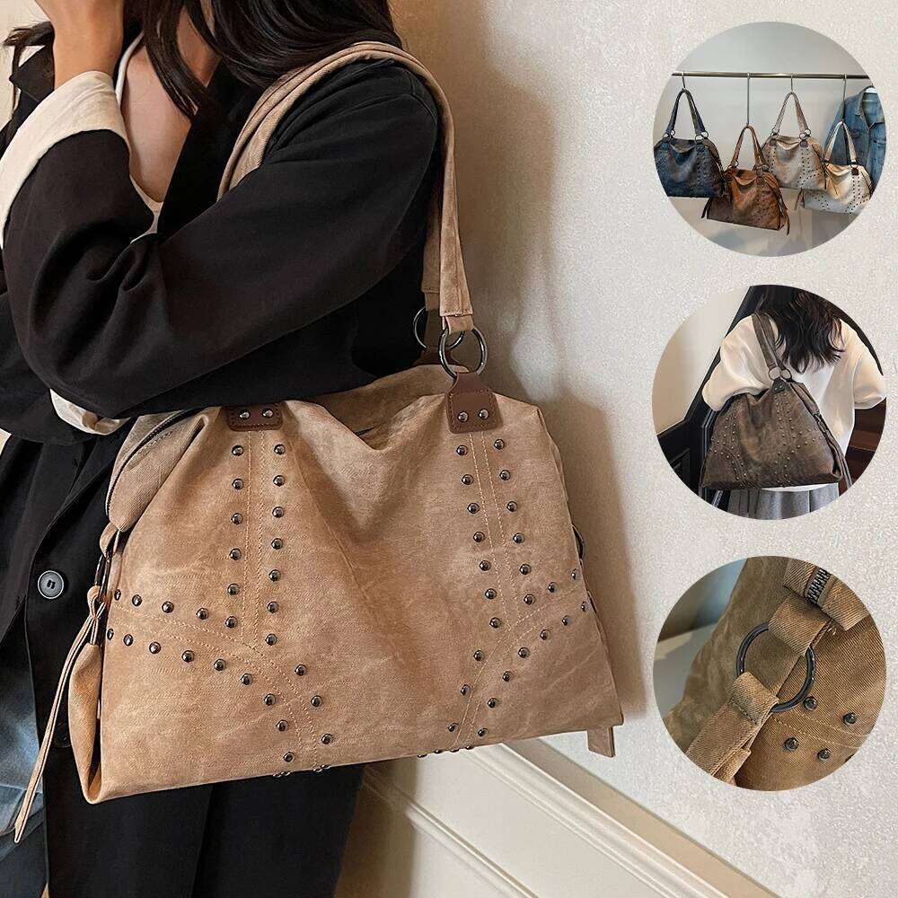 Autumn/Winter Retro Commuter Single Shoulder for Women 2025 New Rivet Tote Bag Large Capacity Travel Handbag XJ260109