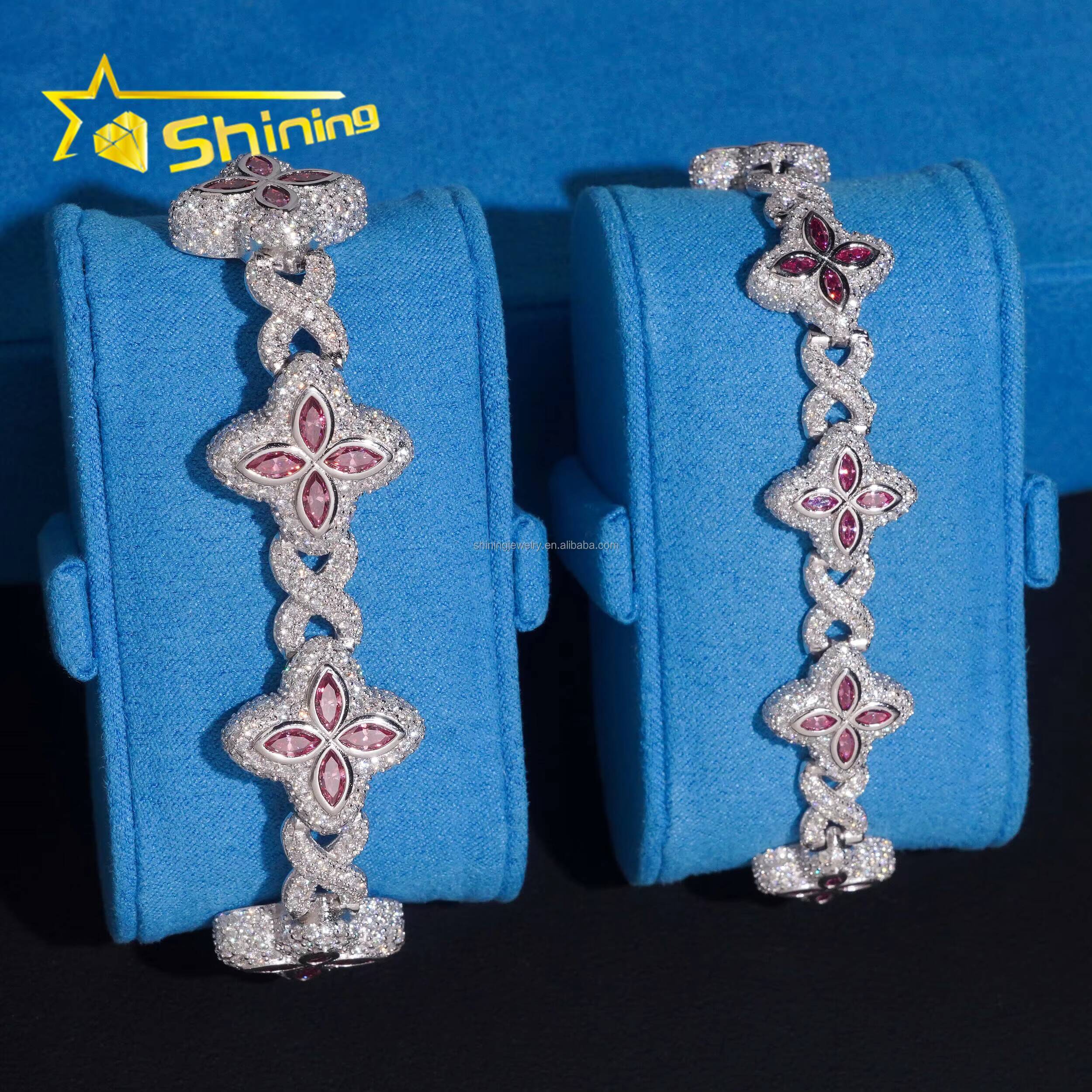 Unique Design Marquise Design Rapper Luxury Jewelry Hip Hop Pink Color Moissanite Iced Out S925 Silver Cuban Clover Bracelet