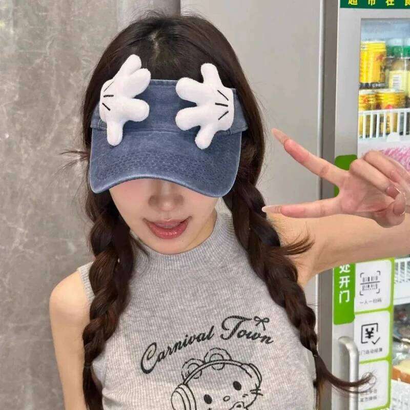 Disney Female 2025 New Cute Cartoon Mickey Little Hand Empty Top Hat Korean Version Retro Washed Denim Visor XJ260109