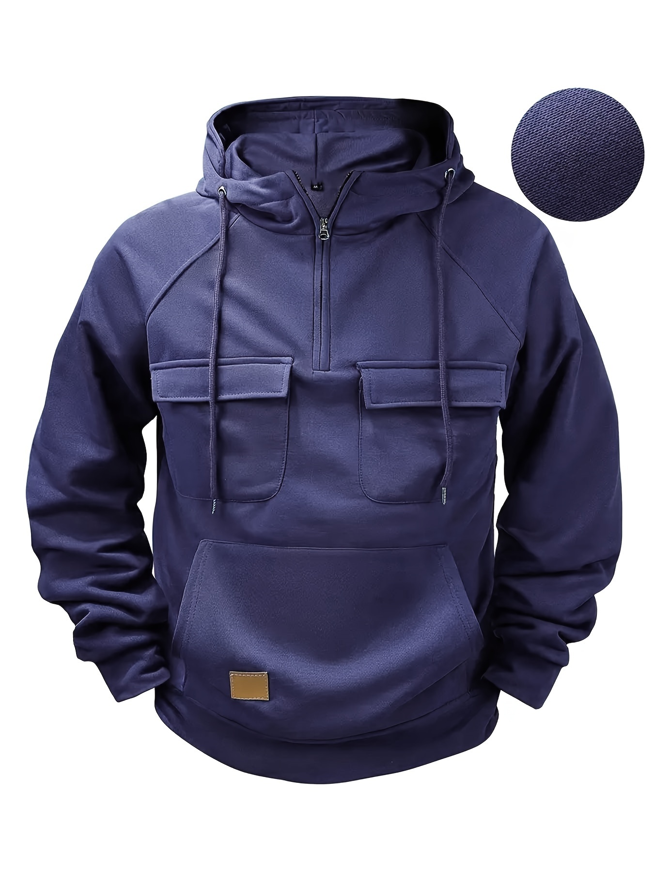 Men's Multi-Pocket Half-Zip Hoodie - Casual Utility Style Drawstring Hooded Sweatshirt