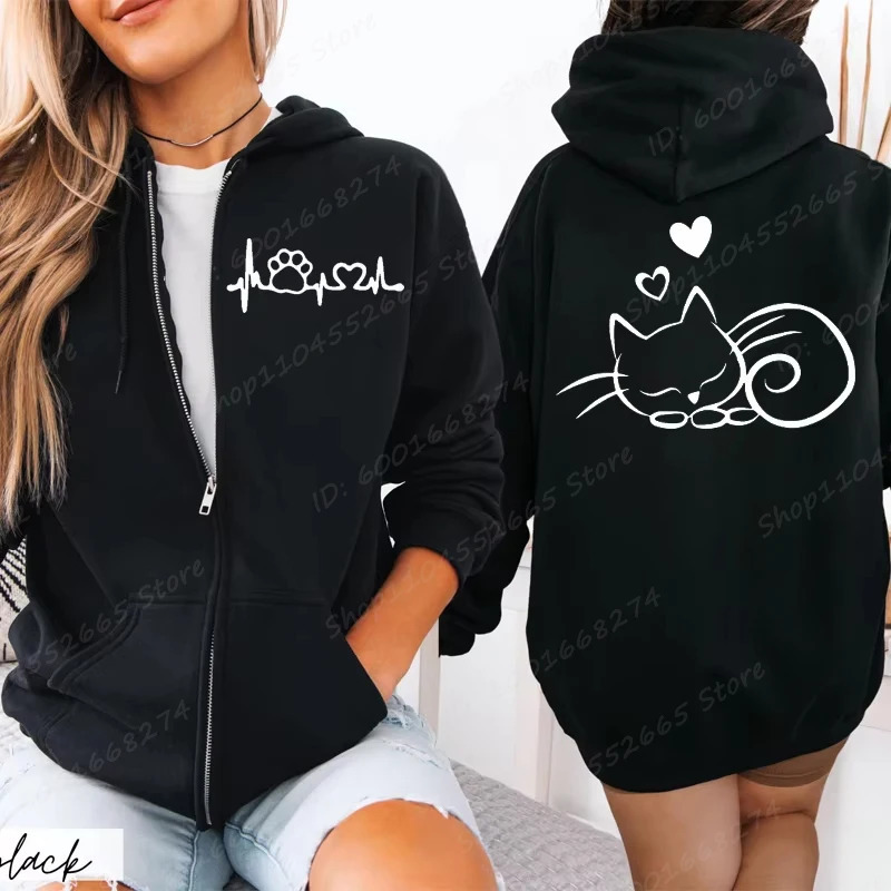 Women Zipper Hoodies Autumn Winter Cute Cat Heatbeat Line Print Hoodies Hip Hop Streetwear Women Zip Up Jacket Coat Clothing 251231