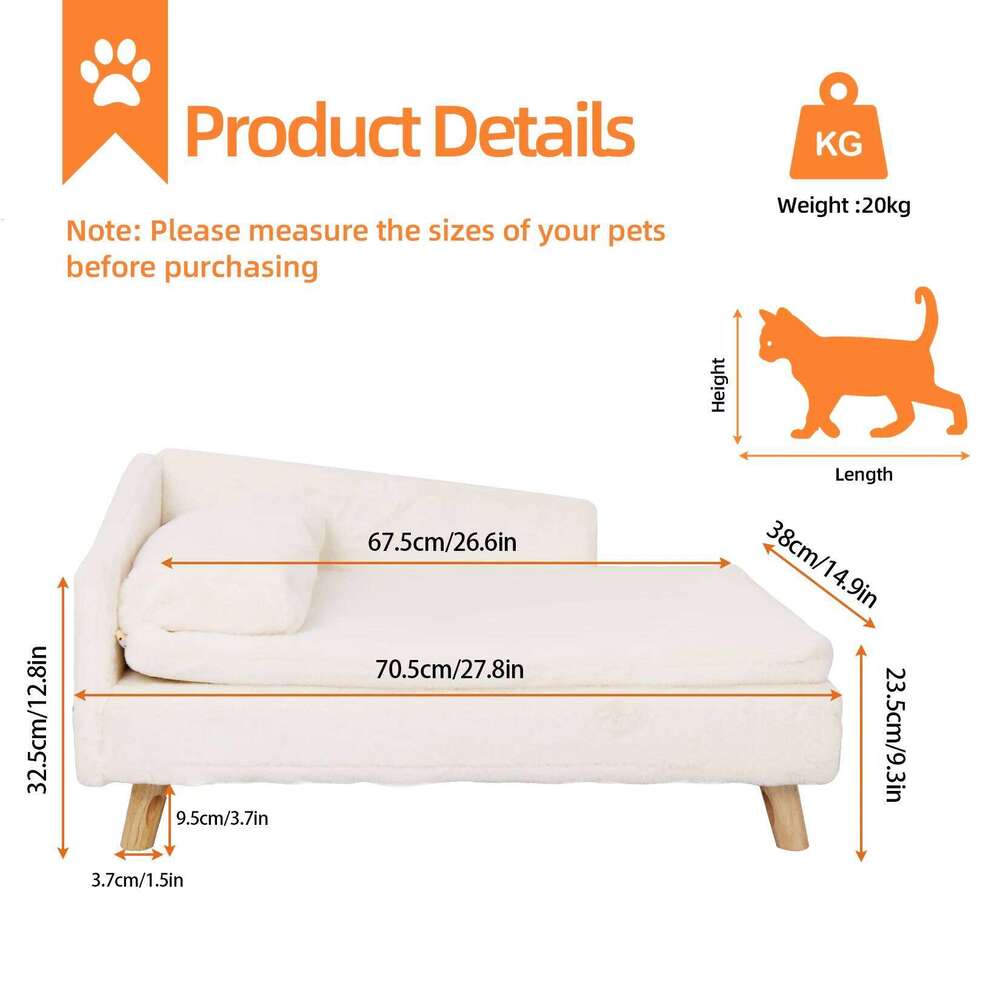 Elevated Bed,Nordic Pet Stool Cozy Pad Waterproof,Pet Sofa Bed with Sturdy Wood Legs for Small Dog Kitten 26N0109