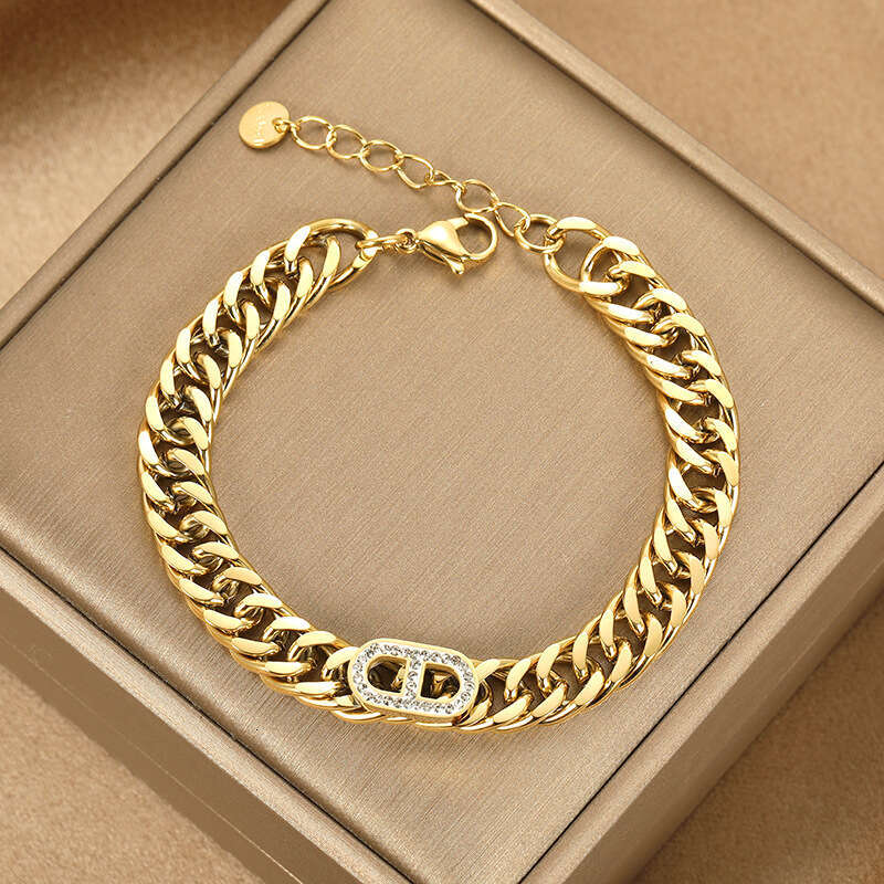 Bracelet Womens Stainless Steel Non-Fading Cuban Chain Crystal Retro Niche Daily Party Wear Jewelry