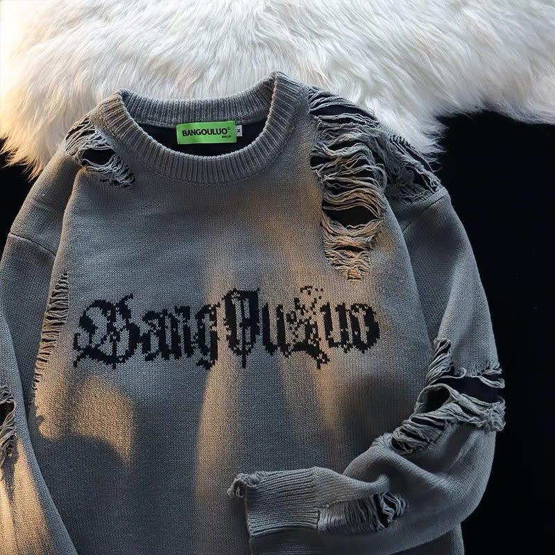 Retro letter printed sweater 2024 mens tear break knit pull-out oversized loose knit jumper hip-hop streetwear 240826