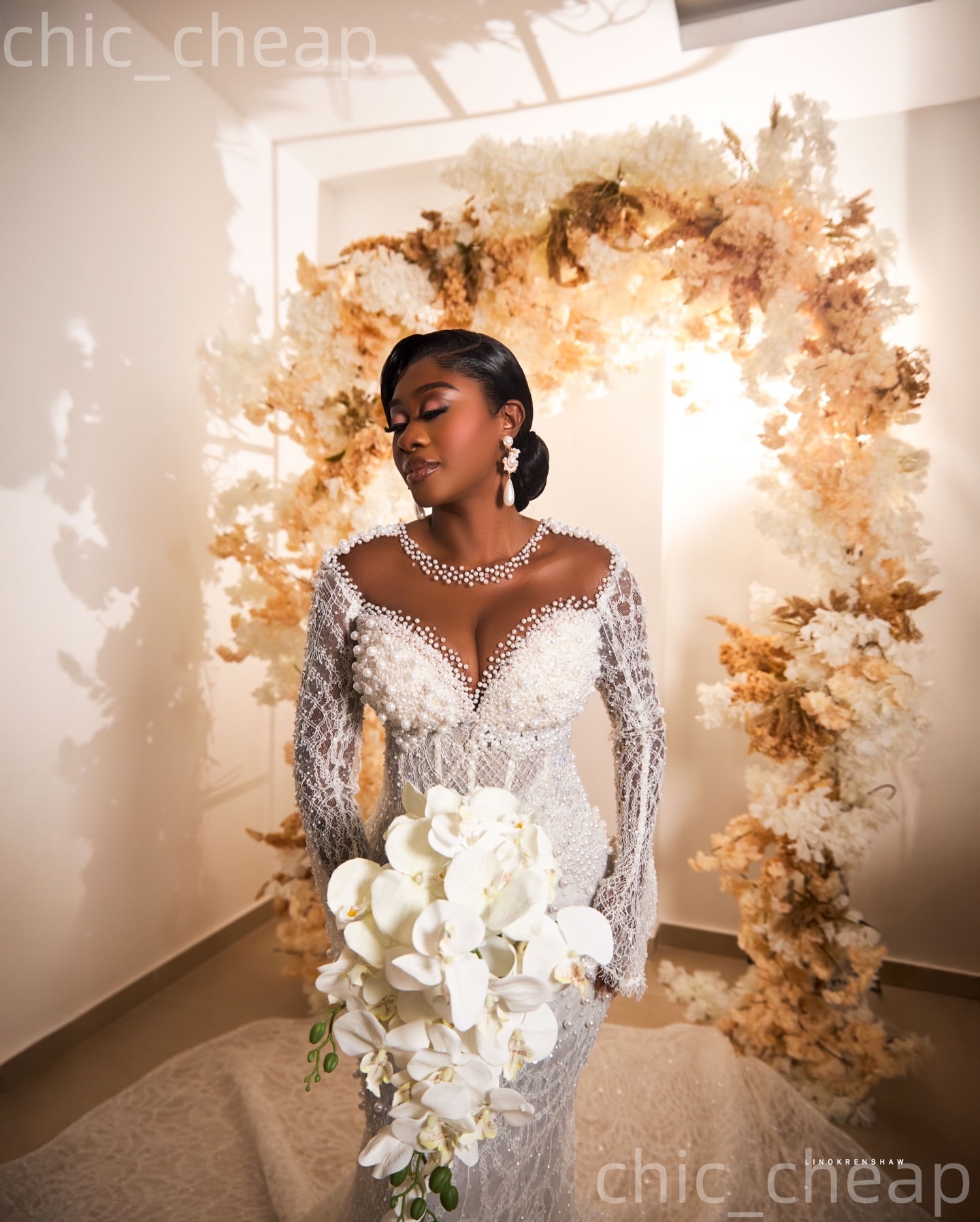 African Aso Ebi 2026 Ivory Mermaid Wedding Dress Sheer Neck Long Sleeves Sequined Lace Pearls Elegant Bridal Gowns Dresses ZJ2276