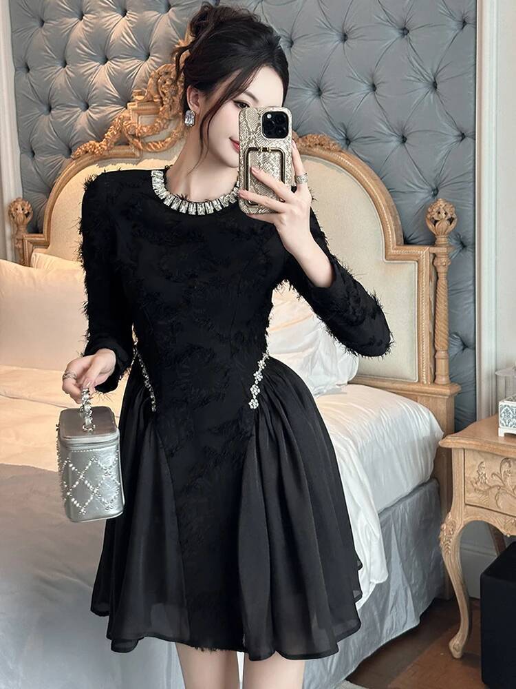 Bestseller Women Clothes Black Vintage Sparkly Diamonds O-Neck Slim Mini Short Dress Luxury Elegant Party Prom Vestidos Fiesta Fashion New ddmytues