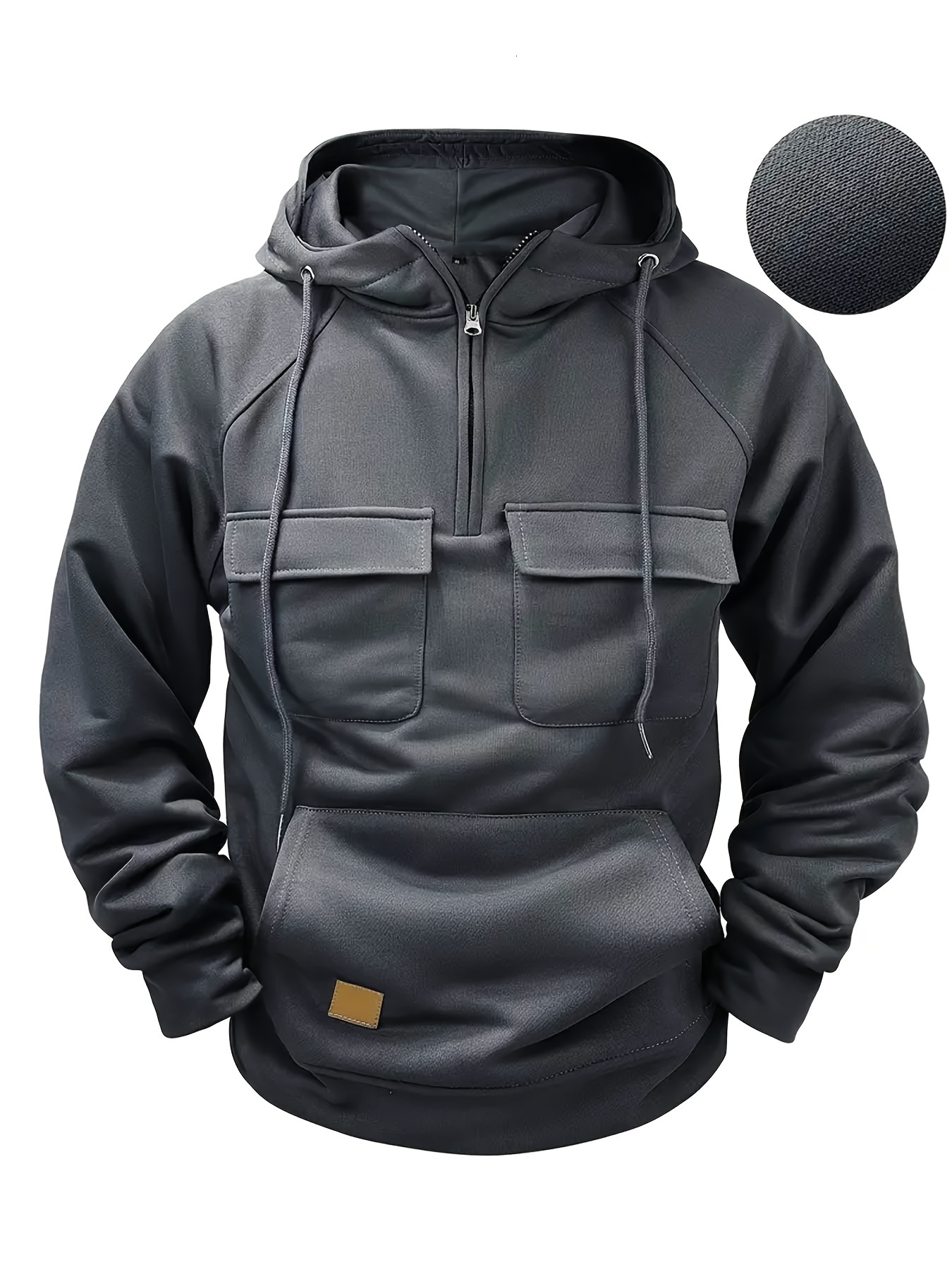 Men's Multi-Pocket Half-Zip Hoodie - Casual Utility Style Drawstring Hooded Sweatshirt