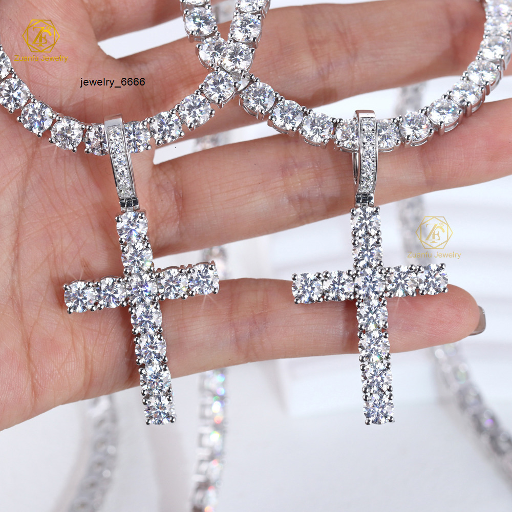 Hip Hop Jewelry 925 Silver White Iced Out VVS Moissanite Diamond Geometry Necklace Men 5mm Moissanite Cross Pendant