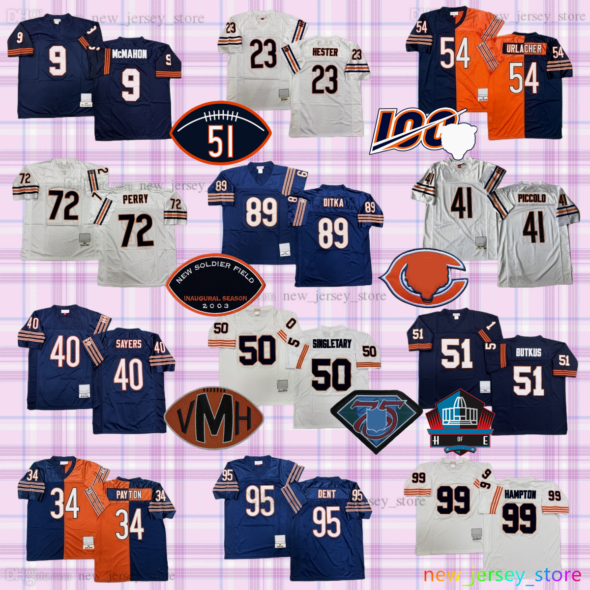 Custom S-6XL Throwback 1919 Football 9 Jim McMahon Jersey 51 Dick Butkus 89 Mike Ditka 76 Steve McMichael 87 Tom Waddle 34 Walter Payton Mike Ditka Classic Retro Jerseys