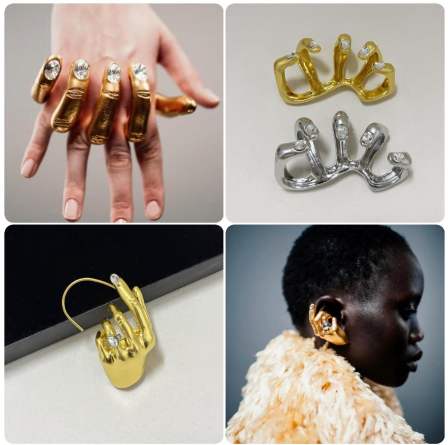 Exaggerated hand-in-hand ring in gilded brass molded fingers adorned with rhinestone-encrusted nails Jewelry Schiaparelli Designer Valentine's Day Gift