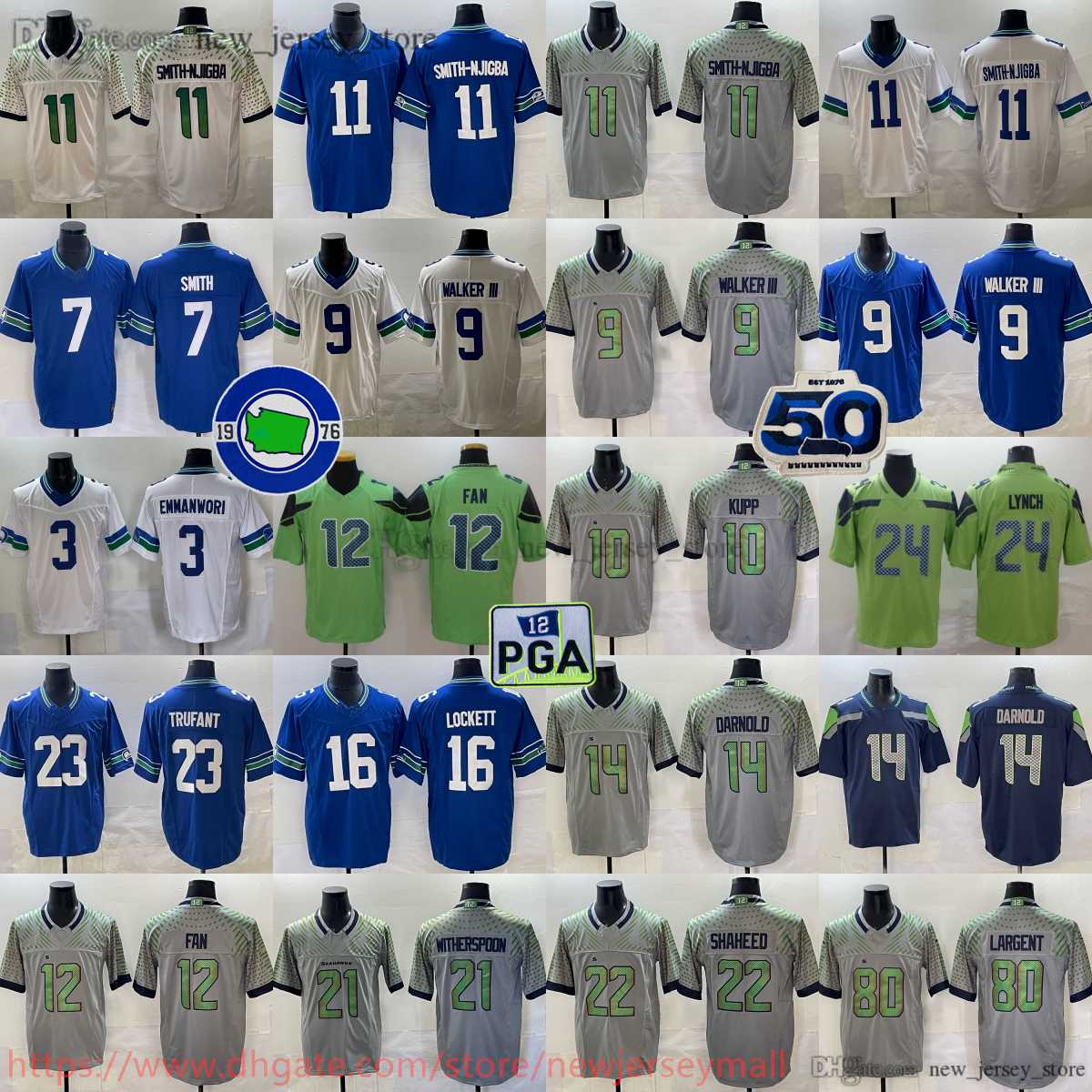 2026 New Football 11 Jaxon Smith-Njigba Jersey 9 Kenneth Walker III 21 Devon Witherspoon 80 Steve Largent 10 Cooper Kupp 14 Sam Darnold 23 Marcus Trufant Nick Emmanwori