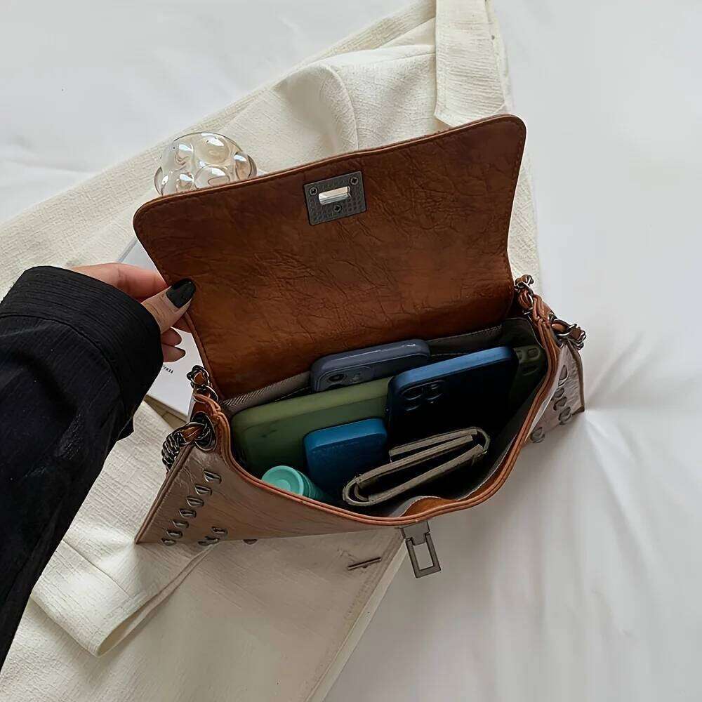 Chic Vintage Rivet Crossbody Bags for Woman Soft Leather Messenger Bag, Adjustable Strap, Kiss Lock Closure, Solid Color Ita Bag XJ260109