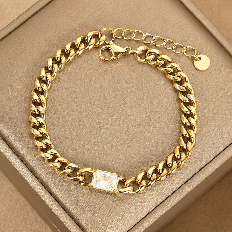 Bracelet Womens Stainless Steel Non-Fading Cuban Chain Crystal Retro Niche Daily Party Wear Jewelry