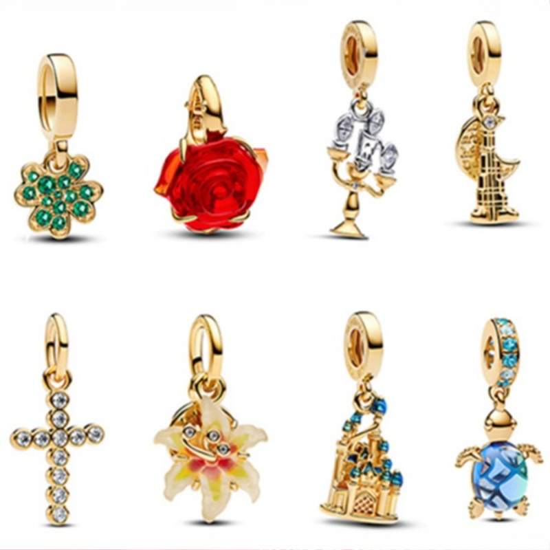 Luxury classic brand flower designer component charms for snake chain bracelet bangle silver gold love heart gold cross diamond jewelry findings charm components