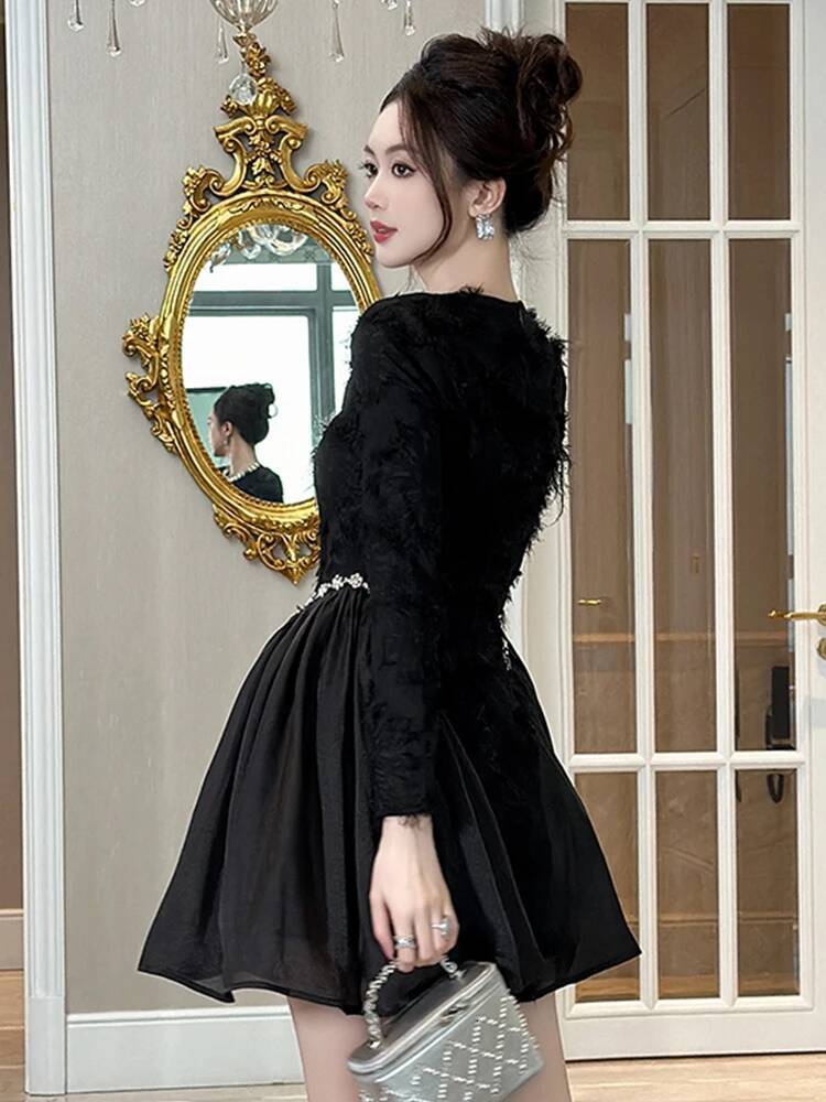 Bestseller Women Clothes Black Vintage Sparkly Diamonds O-Neck Slim Mini Short Dress Luxury Elegant Party Prom Vestidos Fiesta Fashion New ddmytues