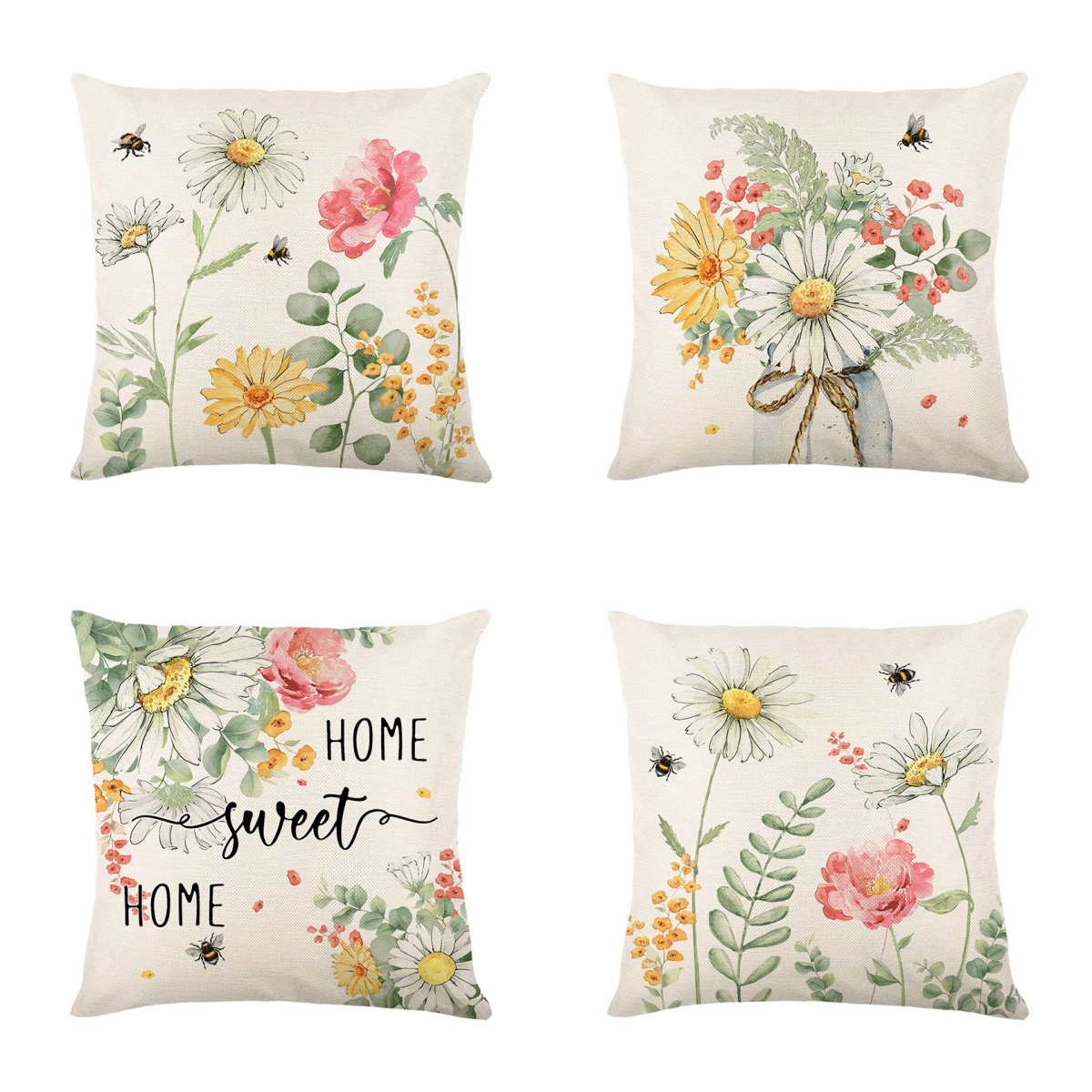 Pillowcase Botanical Floral Square Pillow Case 18x18 Inch Linen Cushion Cover for Sofas