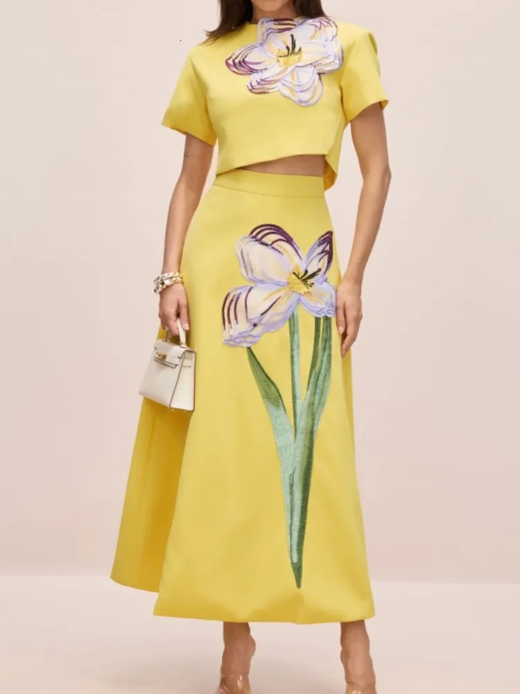Freeacy Womens Floral Printed Dress Sets Short Sleeves Cropped Tshirt High Waist Pleated Skirt 2026 Elegant Party Wears 260109