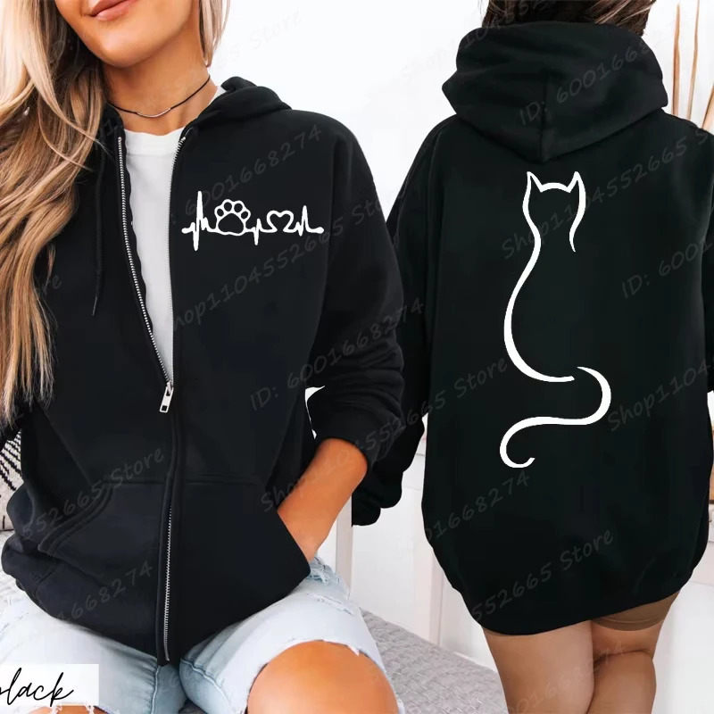 Women Zipper Hoodies Autumn Winter Cute Cat Heatbeat Line Print Hoodies Hip Hop Streetwear Women Zip Up Jacket Coat Clothing 251231