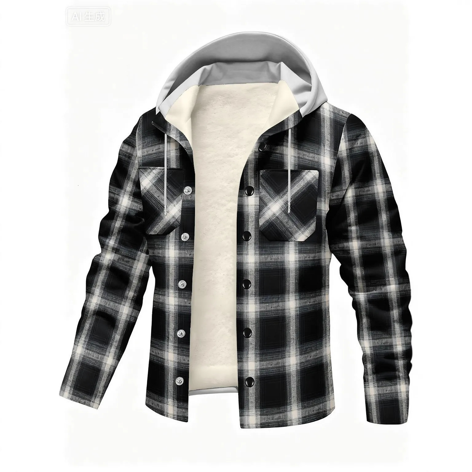 Winter and autumn thickened and warm fleece-lined fashionable trendy daily commuting mens casual hooded checkered shirt 251231 - view 4