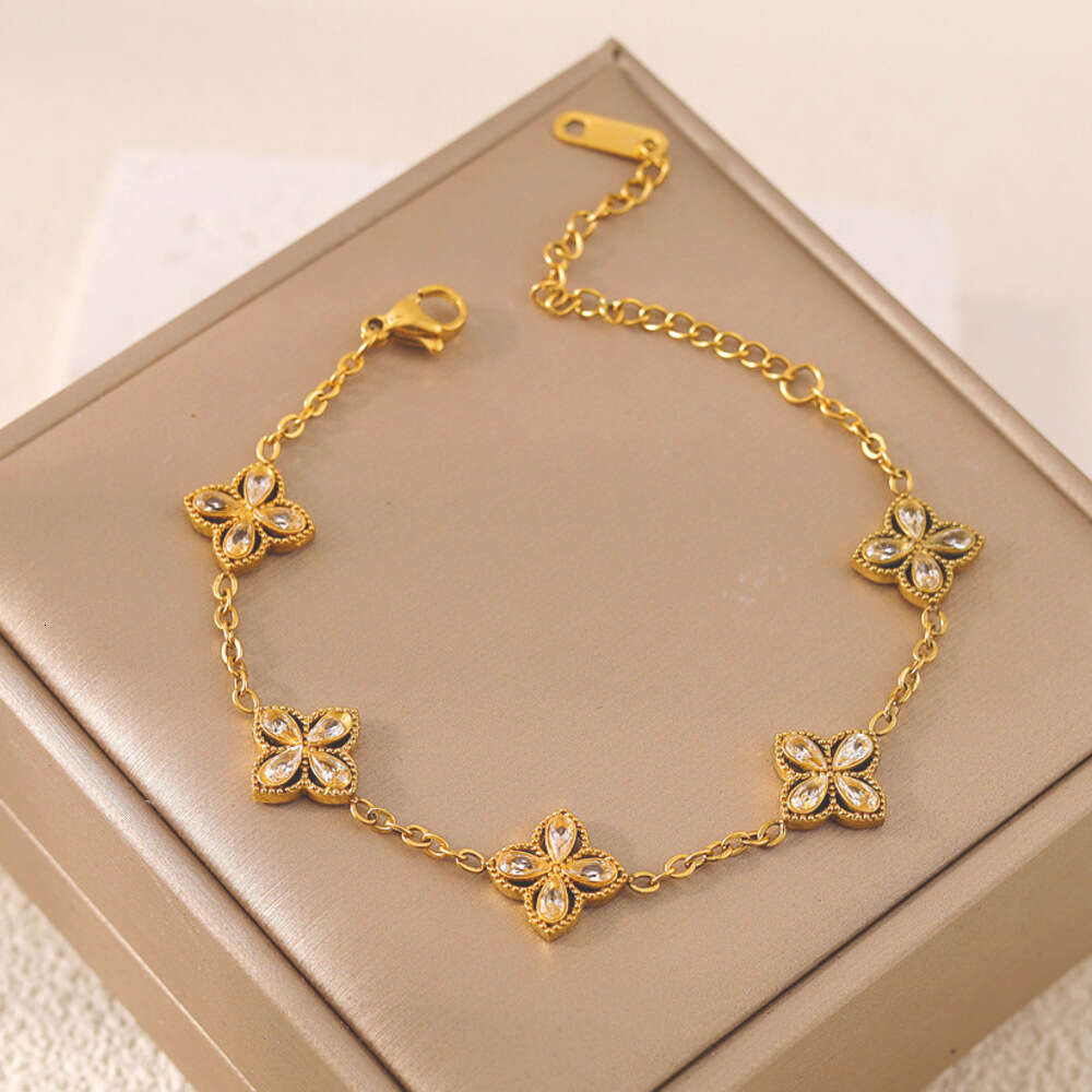 European and American New Style Four-Leaf Clover Stainless Steel 18K Plated Jewelry Colorful Zircon Snake Chain Bracelet Gold Bracelets For Valentine&