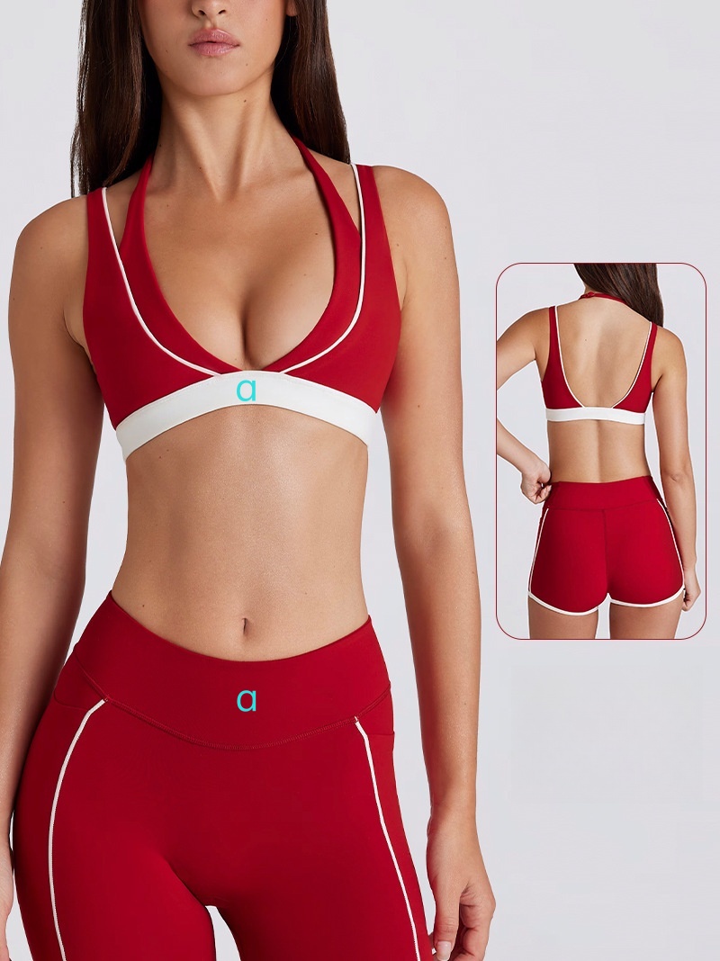 New arrival Two-piece Set color-block white stripe running fitness shorts and V-neck halter sports bra top suitable for yoga and fitness