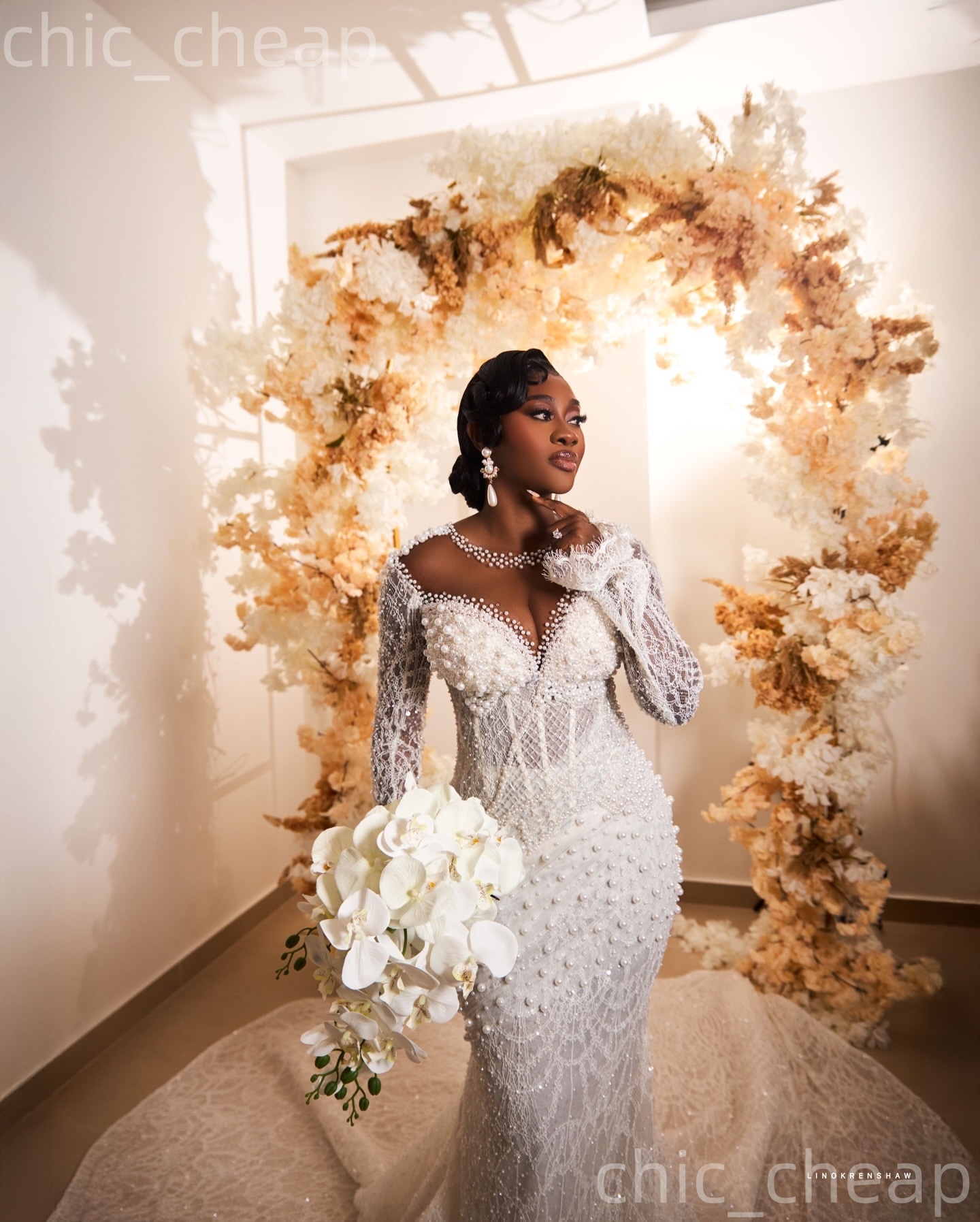 African Aso Ebi 2026 Ivory Mermaid Wedding Dress Sheer Neck Long Sleeves Sequined Lace Pearls Elegant Bridal Gowns Dresses ZJ2276
