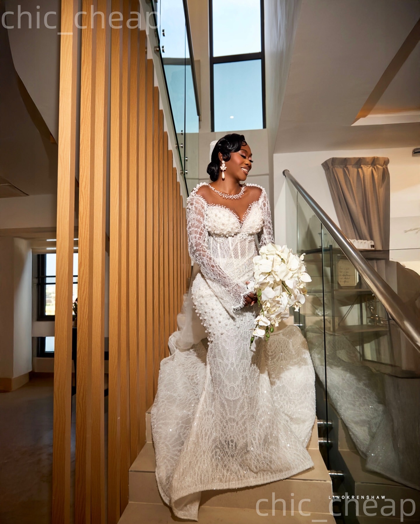 African Aso Ebi 2026 Ivory Mermaid Wedding Dress Sheer Neck Long Sleeves Sequined Lace Pearls Elegant Bridal Gowns Dresses ZJ2276