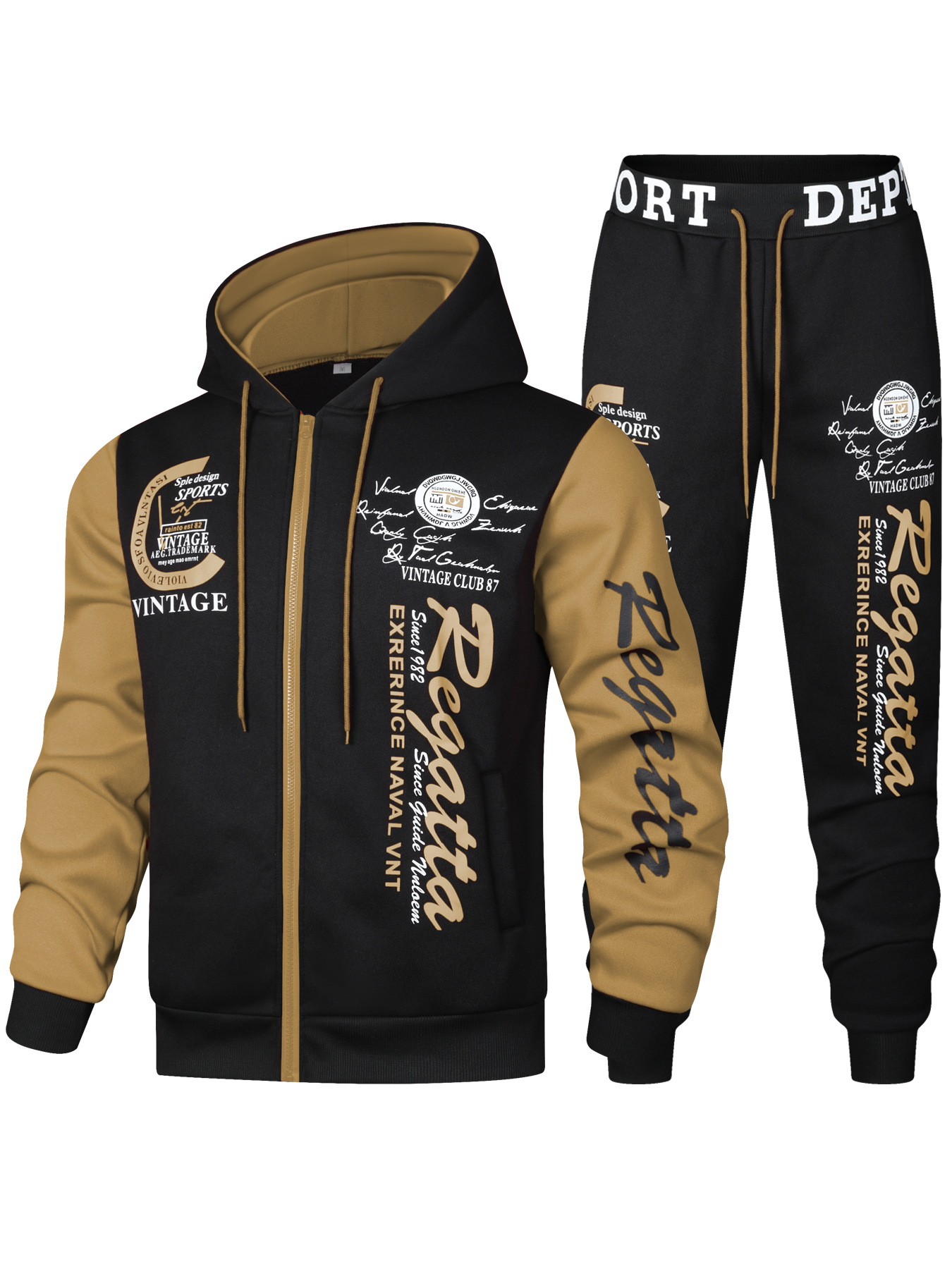 Men's R-Print 2-Piece Tracksuit - Vintage Sports Hoodie and Jogger Pants Set