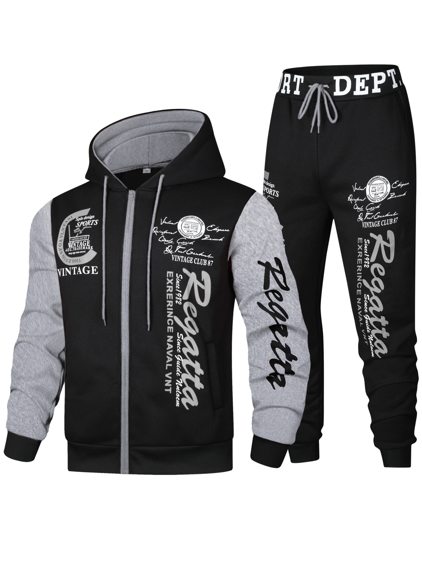 Men's R-Print 2-Piece Tracksuit - Vintage Sports Hoodie and Jogger Pants Set