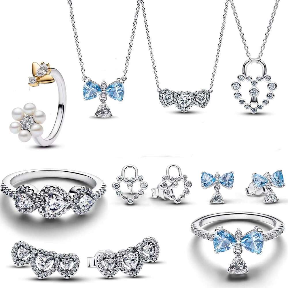 2026 925 Sterling Silver New Blue Bow Pendant Flower Suit Bead For Women Heart Rings Earrings Necklace DIY Bracelet Fine Jewellery Gift