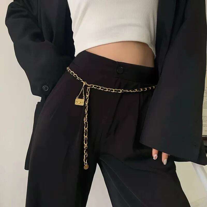 Gold Metal Bag Thin Women Belt Elegant Shiny Tassel Long Chain Waist For Ladies Fashion Dress Skirt Waistband Body Belts