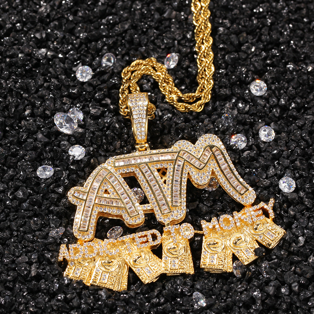 Charm ATM Dollar Letters Pendants Necklace 18K Gold Plated Men T Zircon Rap Jewelry